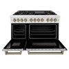 image:imageZLINE Autograph Edition 48 in 60 cu ft Legacy Dual Fuel Range with 7 Burner Gas Cooktop and 2 Electric Ovens in Satin Stainless Steel and Champagne Bronze Accents RASZSN48CB