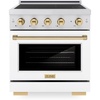 image:imageZLINE Autograph Edition 30 in 42 cu ft Paramount Induction Range with 4 Element Cooktop and Electric Convection Oven in Satin Stainless Steel with White Matte Door and Polished Gold Accents