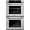 image:imageZLINE Autograph Edition 30 in Professional True Convection Double Wall Oven with Air Fry and Self Clean in Satin Stainless Steel with Polished Gold Helix Handles WADSZ30KG