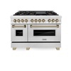 image:imageZLINE Autograph Edition 48 in 60 cu ft Legacy Dual Fuel Range with 7 Burner Gas Cooktop and 2 Electric Ovens in Satin Stainless Steel and Champagne Bronze Accents RASZSN48CB