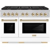 image:imageZLINE Autograph Edition 48 in 67 cu ft Paramount Double Oven Dual Fuel Range with 8 Burner Gas Cooktop in Satin Stainless Steel with White Matte Doors and Polished Gold Accents SDRSZWM48G