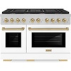image:imageZLINE Autograph Edition 48 in 67 cu ft Paramount Double Oven Gas Range with 8 Burner Cooktop in Satin Stainless Steel with White Matte Doors and Champagne Bronze Accents SGRSZWM48CB