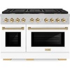 image:imageZLINE Autograph Edition 48 in 67 cu ft Paramount Double Oven Gas Range with 8 Burner Cooktop in Satin Stainless Steel with White Matte Doors and Polished Gold Accents SGRSZWM48G