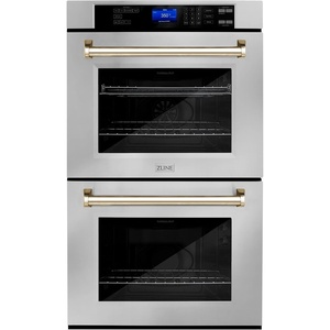 image:imageZLINE 30 Autograph Edition Double Wall Oven with Self Clean and True Convection in Stainless Steel and Gold AWDZ30G