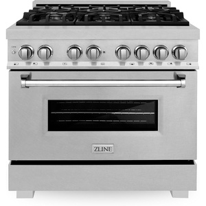image:imageZLINE 36 in 46 cu ft Legacy Dual Fuel Range with Gas Cooktop and Electric Convection Oven in Satin Stainless Steel with 6 Brass Burners and Griddle RASSNBRGR36