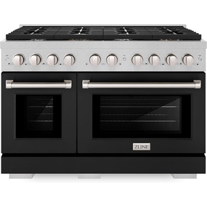 image:imageZLINE 48 in 67 cu ft Paramount Double Oven Dual Fuel Range with 8 Burner Gas Cooktop in Satin Stainless Steel with Black Matte Doors SDRSBLM48