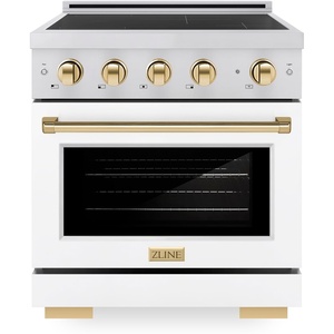 image:imageZLINE Autograph Edition 30 in 42 cu ft Paramount Induction Range with 4 Element Cooktop and Electric Convection Oven in Satin Stainless Steel with White Matte Door and Polished Gold Accents