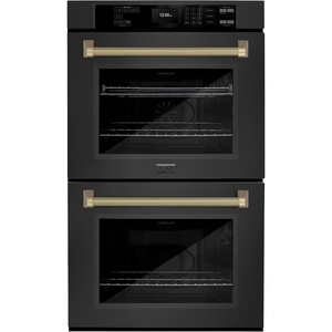 image:imageZLINE Autograph Edition 30 in Professional True Convection Double Wall Oven with Air Fry and Self Clean in Black Stainless Steel with Champagne Bronze Helix Handles WADBZ30KCB
