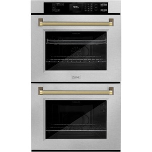image:imageZLINE Autograph Edition 30 in Professional True Convection Double Wall Oven with Air Fry and Self Clean in Satin Stainless Steel with Polished Gold Helix Handles WADSZ30KG
