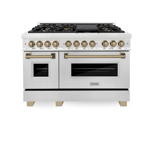 image:imageZLINE Autograph Edition 48 in 60 cu ft Legacy Dual Fuel Range with 7 Burner Gas Cooktop and 2 Electric Ovens in Satin Stainless Steel and Champagne Bronze Accents RASZSN48CB