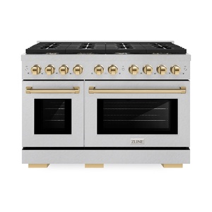 image:imageZLINE Autograph Edition 48 in 67 cu ft Paramount Double Oven Dual Fuel Range with 8 Burner Gas Cooktop in Satin Stainless Steel and Polished Gold Accents SDRSZ48G