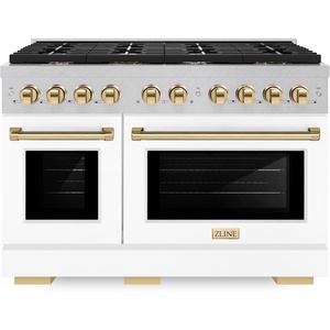 image:imageZLINE Autograph Edition 48 in 67 cu ft Paramount Double Oven Dual Fuel Range with 8 Burner Gas Cooktop in Satin Stainless Steel with White Matte Doors and Polished Gold Accents SDRSZWM48G