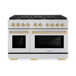 image:imageZLINE Autograph Edition 48 in 67 cu ft Paramount Double Oven Dual Fuel Range with 8 Burner Gas Cooktop in Stainless Steel and Polished Gold Accents SDRZ48G