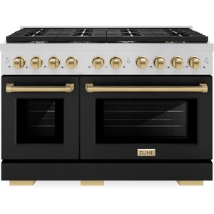 image:imageZLINE Autograph Edition 48 in 67 cu ft Paramount Double Oven Dual Fuel Range with 8 Burner Gas Cooktop in Stainless Steel with Black Matte Door and Champagne Bronze Accents SDRZBLM48CB