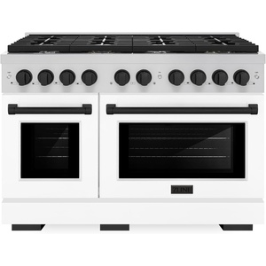 image:imageZLINE Autograph Edition 48 in 67 cu ft Paramount Double Oven Dual Fuel Range with 8 Burner Gas Cooktop in Stainless Steel with White Matte Door and Matte Black Accents SDRZWM48MB