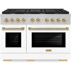 image:imageZLINE Autograph Edition 48 in 67 cu ft Paramount Double Oven Gas Range with 8 Burner Cooktop in Satin Stainless Steel with White Matte Doors and Champagne Bronze Accents SGRSZWM48CB