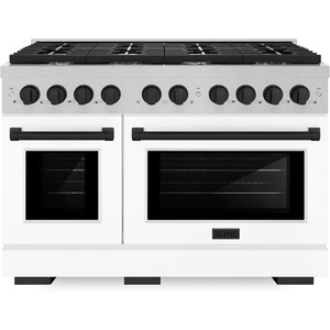image:imageZLINE Autograph Edition 48 in 67 cu ft Paramount Double Oven Gas Range with 8 Burner Cooktop in Satin Stainless Steel with White Matte Doors and Matte Black Accents SGRSZWM48MB