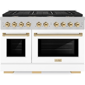 image:imageZLINE Autograph Edition 48 in 67 cu ft Paramount Double Oven Gas Range with 8 Burner Cooktop in Satin Stainless Steel with White Matte Doors and Polished Gold Accents SGRSZWM48G