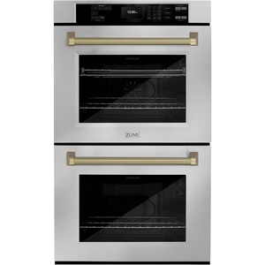 image:imageZLINE Autograph Edition 30 in Professional True Convection Double Wall Oven with Air Fry and Self Clean in Stainless Steel with Champagne Bronze Helix Handles WADZ30KCB