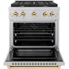 image:imageZLINE Autograph Edition 30 in 42 cu ft Paramount Dual Fuel Range with 4 Burner Gas Cooktop and Electric Convection Oven in Satin Stainless Steel with Polished Gold Accents SDRSZ30G