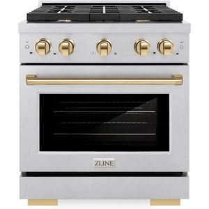 image:imageZLINE Autograph Edition 30 in 42 cu ft Paramount Dual Fuel Range with 4 Burner Gas Cooktop and Electric Convection Oven in Satin Stainless Steel with Polished Gold Accents SDRSZ30G