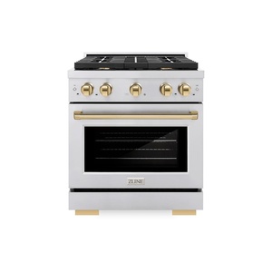 image:imageZLINE Autograph Edition 30 in 42 cu ft Paramount Dual Fuel Range with 4 Burner Gas Cooktop and Electric Convection Oven in Stainless Steel with Polished Gold Accents SDRZ30G