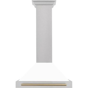 image:imageZLINE Autograph Edition 30 in Convertible Satin Stainless Steel Wall Mount Range Hood with White Matte Shell and Champagne Bronze Handle KB4SNZWM30CB