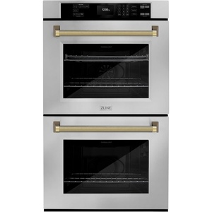 image:imageZLINE Autograph Edition 30 in Professional True Convection Double Wall Oven with Air Fry and Self Clean in Stainless Steel with Polished Gold Helix Handles WADZ30KG