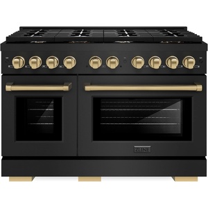 image:imageZLINE Autograph Edition 48 in 67 cu ft Paramount Double Oven Gas Range with 8 Burner Cooktop in Black Stainless Steel and Champagne Bronze Accents SGRBZ48CB