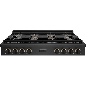 image:imageZLINE Designer Collection 48 in Paramount Gas Rangetop with 8 Burners in Black Satin Stainless Steel with Matte Black and Champagne Bronze Accents SRTBSZ48MBCB