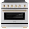 image:imageZLINE Autograph Edition 36 in 52 cu ft Paramount Induction Range with 5 Element Cooktop and Electric Convection Oven in Stainless Steel with Polished Gold Accents SINRZ36G