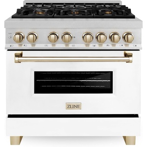 image:imageZLINE Autograph 36 in Legacy Dual Fuel Range in Satin Steel wWhite amp Gold Accents RASZWM36G