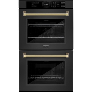 image:imageZLINE Autograph Edition 30 in Professional True Convection Double Wall Oven with Air Fry and Self Clean in Black Stainless Steel with Polished Gold Helix Handles WADBZ30KG