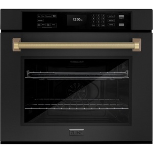 image:imageZLINE Autograph Edition 30 in Professional True Convection Single Wall Oven with Air Fry and Self Clean in Black Stainless Steel with Champagne Bronze Helix Handle WASBZ30KCB