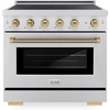 image:imageZLINE Autograph Edition 36 in 52 cu ft Paramount Induction Range with 5 Element Cooktop and Electric Convection Oven in Stainless Steel with Champagne Bronze Helix Handle and Knob Accents