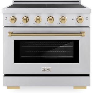 image:imageZLINE Autograph Edition 36 in 52 cu ft Paramount Induction Range with 5 Element Cooktop and Electric Convection Oven in Stainless Steel with Champagne Bronze Helix Handle and Knob Accents