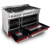image:imageZLINE 48 in 60 cu ft Legacy Dual Fuel Range with 7 Burner Gas Cooktop and 2 Electric Ovens in Stainless Steel and Red Matte Doors RARM48