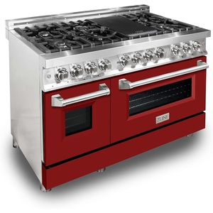 image:imageZLINE 48 in 60 cu ft Legacy Dual Fuel Range with 7 Burner Gas Cooktop and 2 Electric Ovens in Stainless Steel and Red Matte Doors RARM48