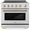 image:imageZLINE Autograph Edition 36 in 52 cu ft Paramount Induction Range with 5 Element Cooktop and Electric Convection Oven in Stainless Steel with Polished Gold Helix Handle and Knob Accents