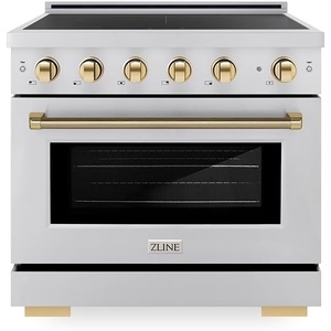 image:imageZLINE Autograph Edition 36 in 52 cu ft Paramount Induction Range with 5 Element Cooktop and Electric Convection Oven in Stainless Steel with Polished Gold Helix Handle and Knob Accents