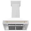 image:imageZLINE Autograph Edition 36 in Satin Stainless Steel Wall Mount Range Hood with White Matte Shell and Polished Gold Handle 8654SNZWM36G