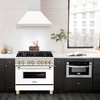 image:imageZLINE Autograph Edition 36 in Satin Stainless Steel Wall Mount Range Hood with White Matte Shell and Polished Gold Handle 8654SNZWM36G