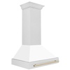 image:imageZLINE Autograph Edition 36 in Satin Stainless Steel Wall Mount Range Hood with White Matte Shell and Polished Gold Handle 8654SNZWM36G