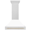 image:imageZLINE Autograph Edition 36 in Satin Stainless Steel Wall Mount Range Hood with White Matte Shell and Polished Gold Handle 8654SNZWM36G