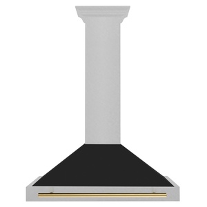 image:imageZLINE Autograph Edition 36 in Convertible Satin Stainless Steel Wall Mount Range Hood with Black Matte Shell and Polished Gold Handle KB4SNZBLM36G