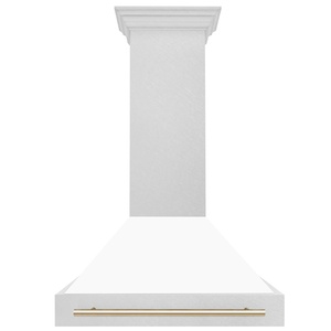 image:imageZLINE Autograph Edition 36 in Satin Stainless Steel Wall Mount Range Hood with White Matte Shell and Polished Gold Handle 8654SNZWM36G