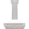 image:imageZLINE Autograph Edition 30 in Convertible Satin Stainless Steel Wall Mount Range Hood with Polished Gold Handle KB4SNZ30G