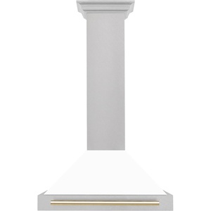 image:imageZLINE Autograph Edition 30 in Convertible Satin Stainless Steel Wall Mount Range Hood with Polished Gold Handle KB4SNZ30G