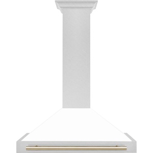 image:imageZLINE Autograph Edition 36 in Convertible Satin Stainless Steel Wall Mount Range Hood with White Matte Shell and Polished Gold Handle KB4SNZWM36G
