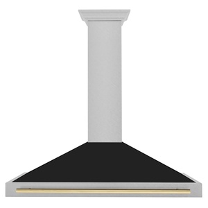 image:imageZLINE Autograph Edition 48 in Convertible Satin Stainless Steel Wall Mount Range Hood with Black Matte Shell and Polished Gold Handle KB4SNZBLM48G